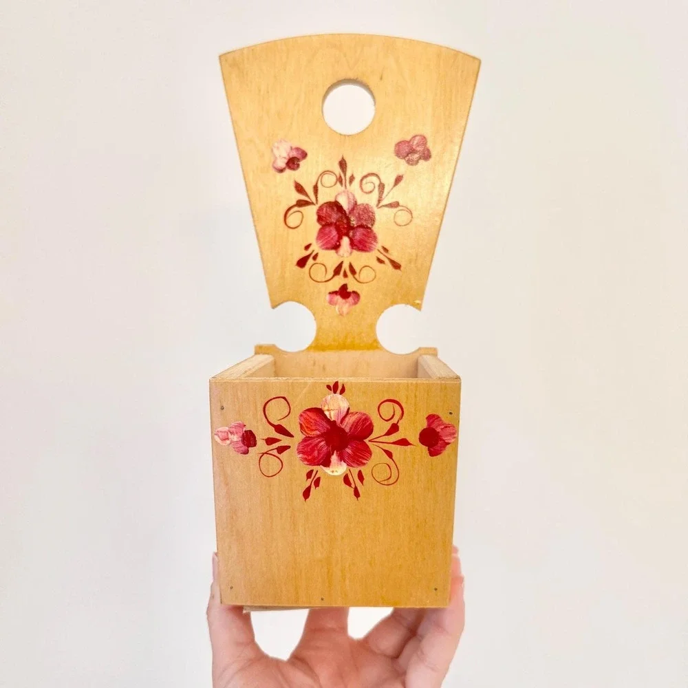 Vintage 1990 Soviet Wood Salt Box Hand Painted Floral Folk Art Wall Mounted